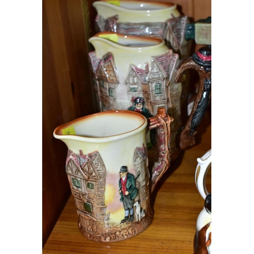 467 - FIVE ROYAL DOULTON CHARLES DICKENS RELIEF MOULDED SERIES WARE JUGS, largest 19.5cm, D6394, featuring... 