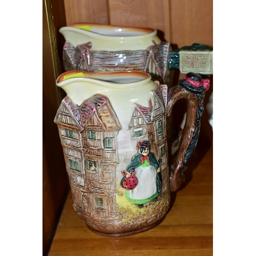 467 - FIVE ROYAL DOULTON CHARLES DICKENS RELIEF MOULDED SERIES WARE JUGS, largest 19.5cm, D6394, featuring... 