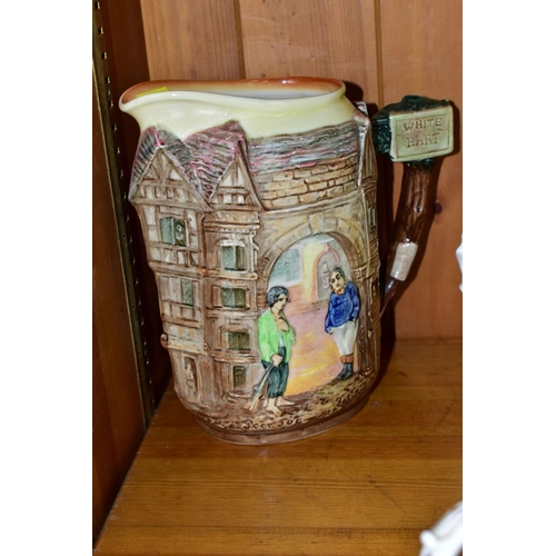 467 - FIVE ROYAL DOULTON CHARLES DICKENS RELIEF MOULDED SERIES WARE JUGS, largest 19.5cm, D6394, featuring... 