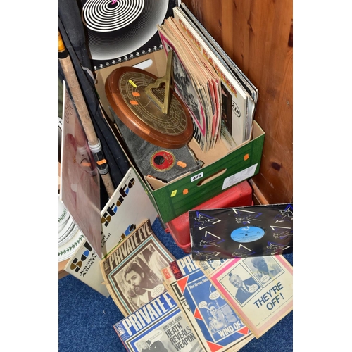 474 - A BOX AND LOOSE ASSORTED ITEMS, to include sun dial by William Lane Ltd, B and A carpet bowls, LP's ... 