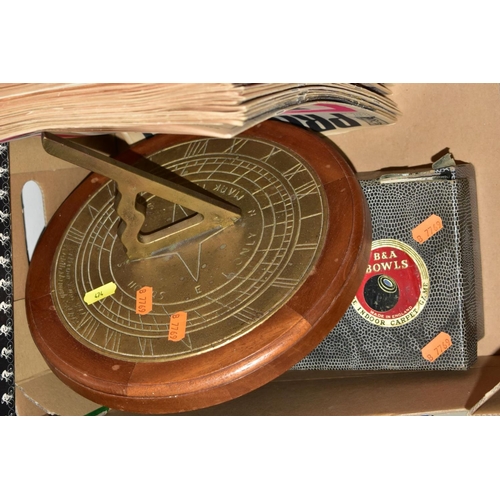 474 - A BOX AND LOOSE ASSORTED ITEMS, to include sun dial by William Lane Ltd, B and A carpet bowls, LP's ... 