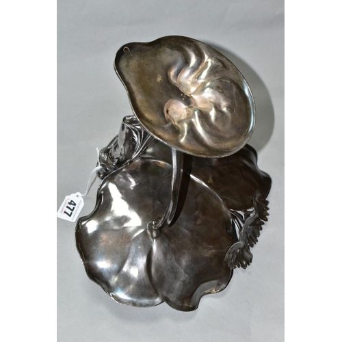 477 - A SILVER PLATED WMF ART NOUVEAU COMPORT, in the form of a fairy holding a bird with two lily pads at... 