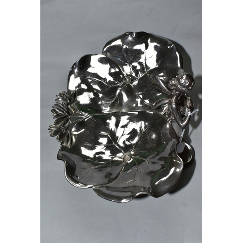 477 - A SILVER PLATED WMF ART NOUVEAU COMPORT, in the form of a fairy holding a bird with two lily pads at... 