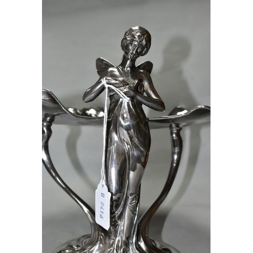 477 - A SILVER PLATED WMF ART NOUVEAU COMPORT, in the form of a fairy holding a bird with two lily pads at... 