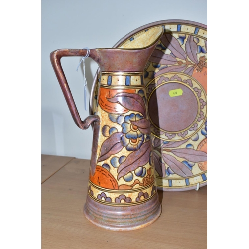 478 - TWO PIECES OF CHARLOTTE RHEAD BURSLEY WARE, comprising a jug in 'Oranges and Lemons' pattern TL5, he... 