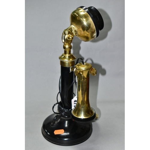 479 - A MODERN REPROUCTION CANDLESTICK TELEPHONE, of steel body with brass and bakelite fittings, appears ... 