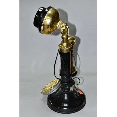 479 - A MODERN REPROUCTION CANDLESTICK TELEPHONE, of steel body with brass and bakelite fittings, appears ... 