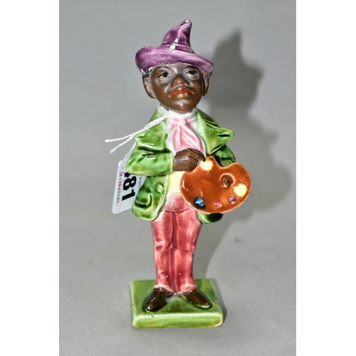 481 - A LATE 19TH CENTURY CONTINENTAL POTTERY FIGURE OF AN ARTIST HOLDING HIS PALETTE, with majolica style... 