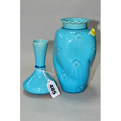 485 - TWO BURMANTOFTS FAIENCE POTTERY TURQUOISE GLAZED VASES,  shape No. 405 and 236B, the latter being of... 