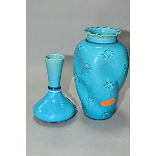 485 - TWO BURMANTOFTS FAIENCE POTTERY TURQUOISE GLAZED VASES,  shape No. 405 and 236B, the latter being of... 