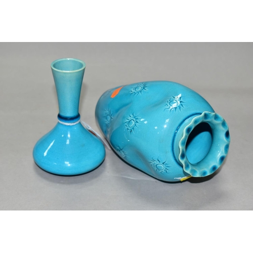 485 - TWO BURMANTOFTS FAIENCE POTTERY TURQUOISE GLAZED VASES,  shape No. 405 and 236B, the latter being of... 