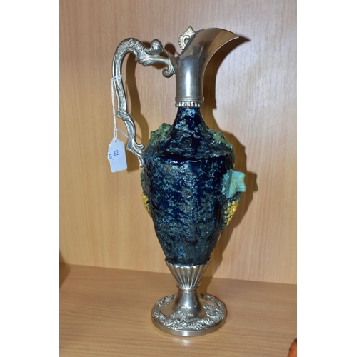 487 - A MID 20TH CENTURY ITALIAN PORCELAIN AND SILVER PLATED CLARET JUG OF BALUSTER FORM, the hand painted... 