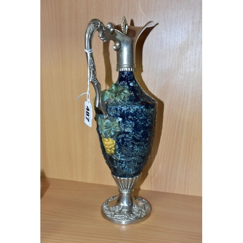 487 - A MID 20TH CENTURY ITALIAN PORCELAIN AND SILVER PLATED CLARET JUG OF BALUSTER FORM, the hand painted... 