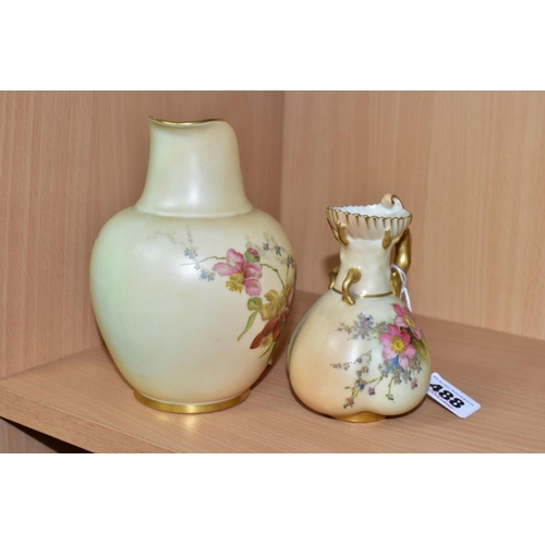 488 - TWO ROYAL WORCESTER BLUSH IVORY JUGS, comprising one flat back jug (shape No 1094) height 15cm and 1... 