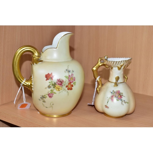 488 - TWO ROYAL WORCESTER BLUSH IVORY JUGS, comprising one flat back jug (shape No 1094) height 15cm and 1... 