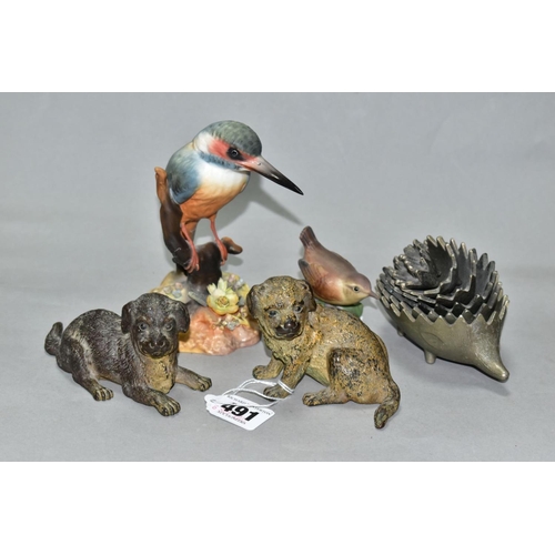 491 - A GROUP OF FIVE ANIMAL AND BIRD FIGURINES, comprising two cold painted bronze models of puppies, eac... 