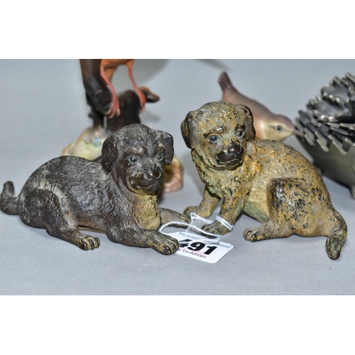 491 - A GROUP OF FIVE ANIMAL AND BIRD FIGURINES, comprising two cold painted bronze models of puppies, eac... 