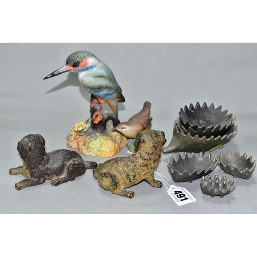 491 - A GROUP OF FIVE ANIMAL AND BIRD FIGURINES, comprising two cold painted bronze models of puppies, eac... 