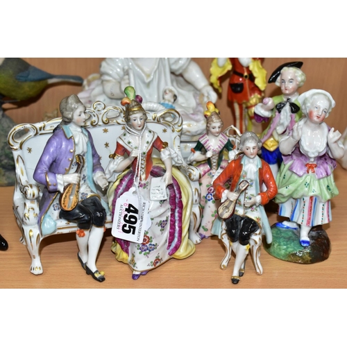 495 - SEVEN LATE 19TH AND 20TH CENTURY CONTINENTAL PORCELAIN FIGURES, comprising a box and cover in the fo... 