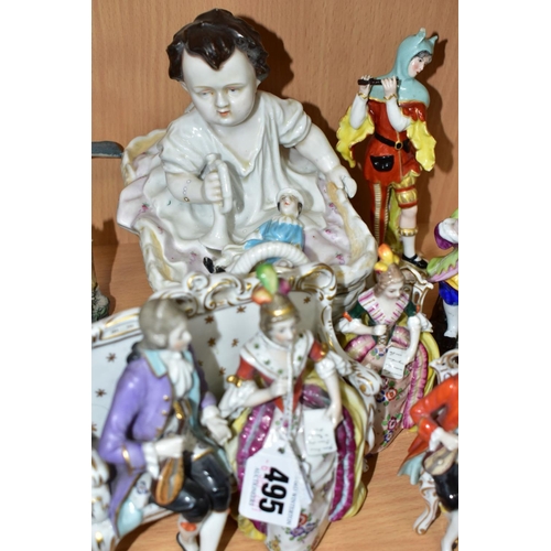 495 - SEVEN LATE 19TH AND 20TH CENTURY CONTINENTAL PORCELAIN FIGURES, comprising a box and cover in the fo... 