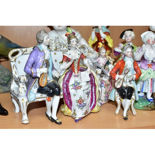 495 - SEVEN LATE 19TH AND 20TH CENTURY CONTINENTAL PORCELAIN FIGURES, comprising a box and cover in the fo... 