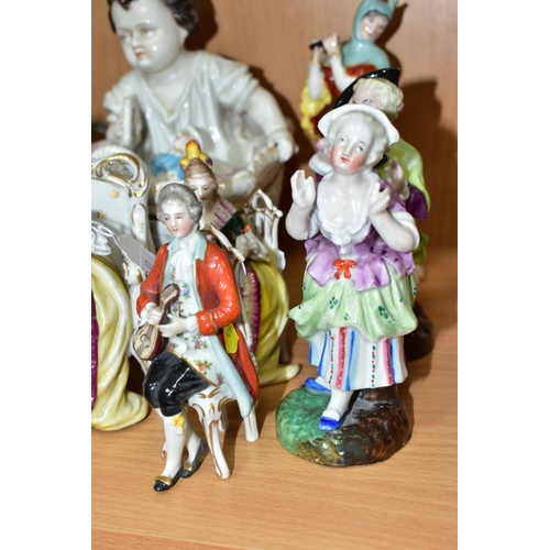 495 - SEVEN LATE 19TH AND 20TH CENTURY CONTINENTAL PORCELAIN FIGURES, comprising a box and cover in the fo... 