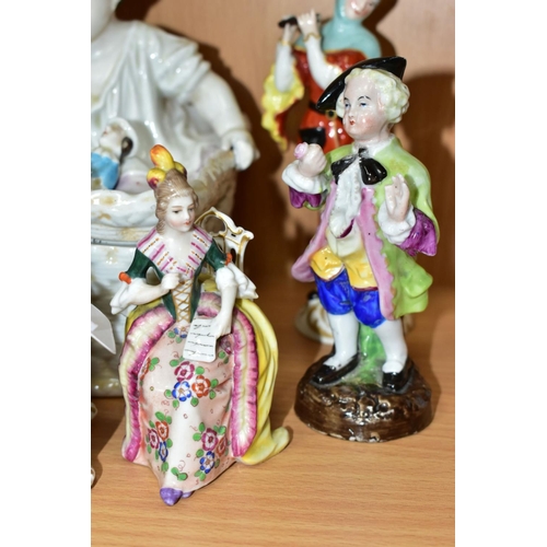 495 - SEVEN LATE 19TH AND 20TH CENTURY CONTINENTAL PORCELAIN FIGURES, comprising a box and cover in the fo... 