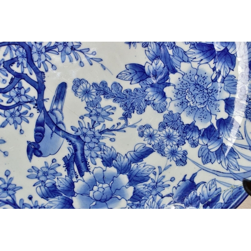 501 - A LATE 19TH CENTURY JAPANESE PORCELAIN CHARGER, blue and white decoration of an exotic bird amongst ... 