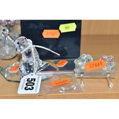 503 - TWENTY THREE SWAROVSKI AND OTHER CRYSTAL FIGURES, to include cat and three kittens set with ball, du... 