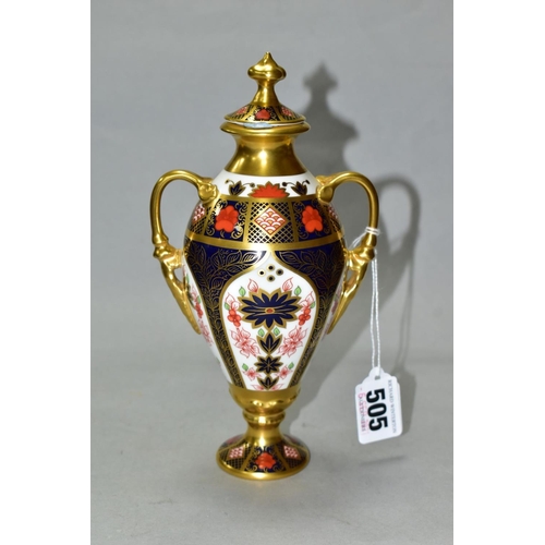 505 - A ROYAL CROWN DERBY TWIN HANDLED LIDDED URN, with painted and printed red marks, marked 128 and MMI ... 