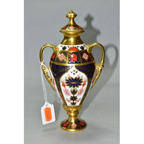 505 - A ROYAL CROWN DERBY TWIN HANDLED LIDDED URN, with painted and printed red marks, marked 128 and MMI ... 