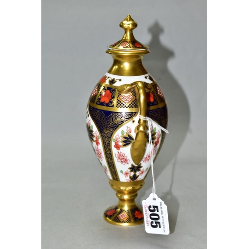 505 - A ROYAL CROWN DERBY TWIN HANDLED LIDDED URN, with painted and printed red marks, marked 128 and MMI ... 