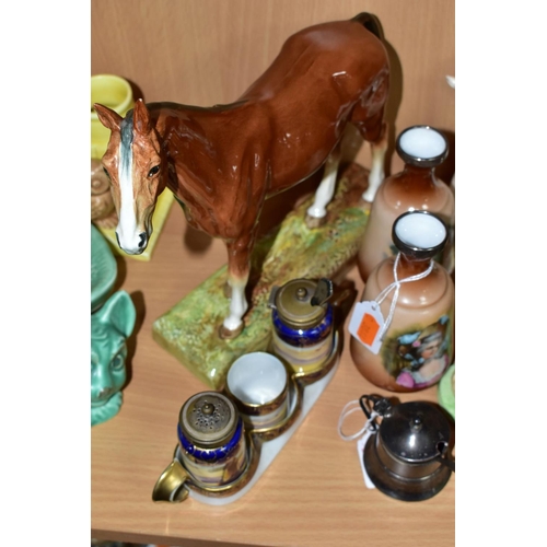 509 - A SMALL GROUP OF ROYAL DOULTON SILVER, ETC, comprising a Royal Doulton chestnut horse 'Merely a Mino... 