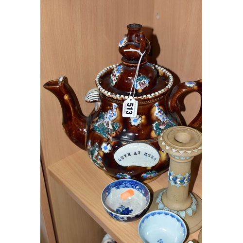 513 - A SMALL GROUP OF 18TH/19TH AND 20TH CENTURY CERAMICS, including a late 18th Century pearlware tea bo... 