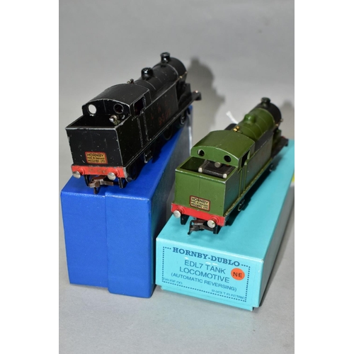 526 - TWO BOXED HORNBY DUBLO CLASS N2 TANK LOCOMOTIVES, No. 9596, L.N.E.R black livery (EDL7) and No. 9596... 