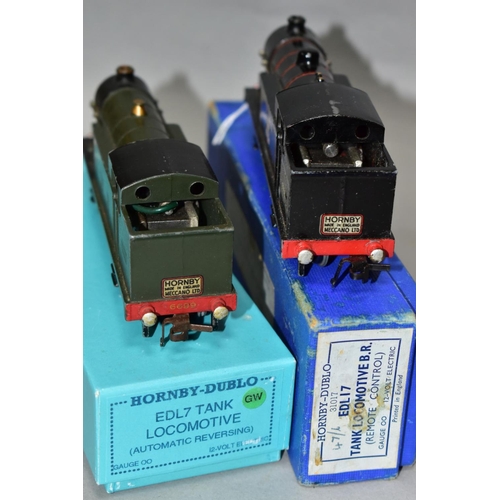 527 - TWO BOXED HORNBY DUBLO CLASS N2 TANK LOCOMOTIVES, No. 6699, G.W.R green livery (EDL7) and No. 69567,... 