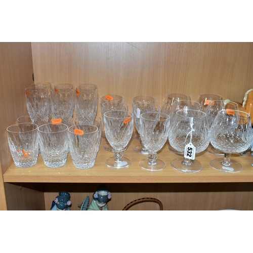 532 - A SUITE OF WATERFORD CRYSTAL COLEEN PATTERN DRINKING GLASSES comprising six brandy, six wine, height... 