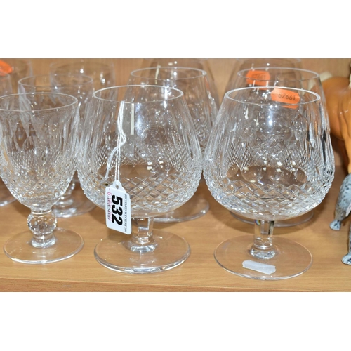 532 - A SUITE OF WATERFORD CRYSTAL COLEEN PATTERN DRINKING GLASSES comprising six brandy, six wine, height... 