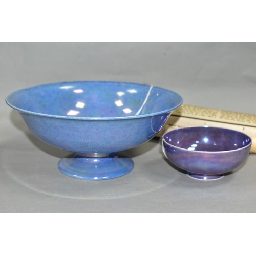 537 - TWO PIECES OF RUSKIN POTTERY, comprising an eggshell bowl decorated in a mottled purple lustre glaze... 