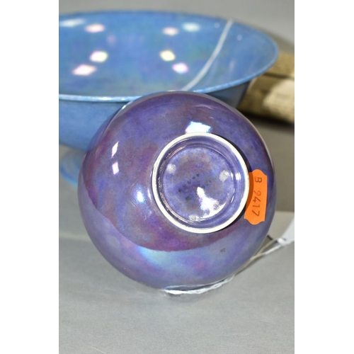 537 - TWO PIECES OF RUSKIN POTTERY, comprising an eggshell bowl decorated in a mottled purple lustre glaze... 