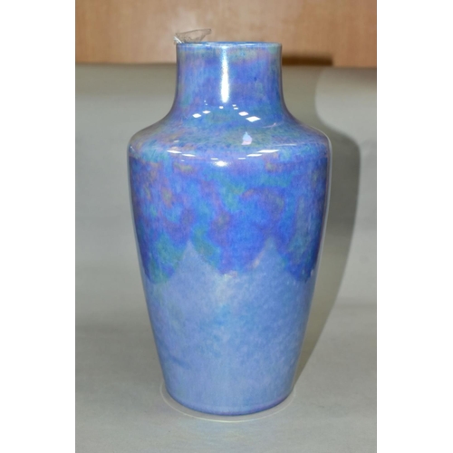 538 - A RUSKIN POTTERY SHOULDERED VASE OF TAPERING FORM, with mottled lavender lustre glaze, impressed mar... 