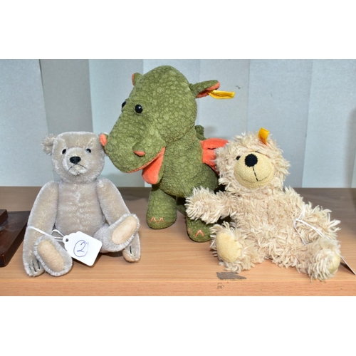 539 - THREE ASSORTED MODERN STEIFF SOFT TOYS, green dragon, No 110764, soft wool plush bear, No 012822 and... 