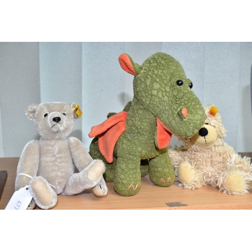 539 - THREE ASSORTED MODERN STEIFF SOFT TOYS, green dragon, No 110764, soft wool plush bear, No 012822 and... 