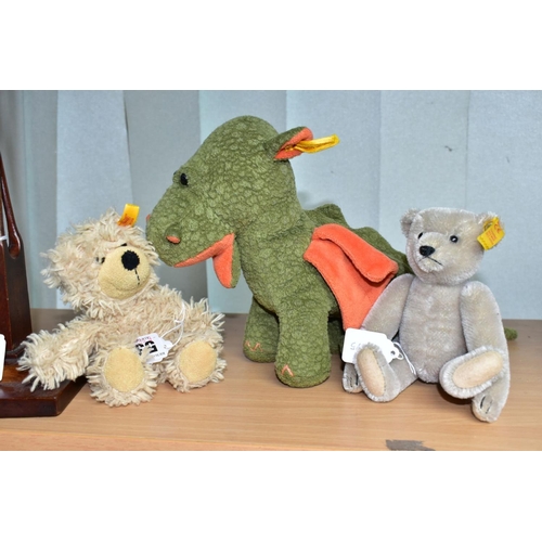 539 - THREE ASSORTED MODERN STEIFF SOFT TOYS, green dragon, No 110764, soft wool plush bear, No 012822 and... 