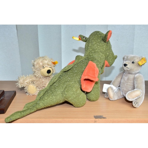 539 - THREE ASSORTED MODERN STEIFF SOFT TOYS, green dragon, No 110764, soft wool plush bear, No 012822 and... 