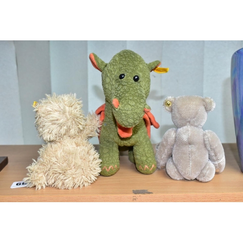 539 - THREE ASSORTED MODERN STEIFF SOFT TOYS, green dragon, No 110764, soft wool plush bear, No 012822 and... 