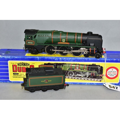 547 - A BOXED HORNBY DUBLO REBUILT WEST COUNTRY CLASS LOCOMOTIVE, 'Dorchester' No.34042, B.R. lined green ... 