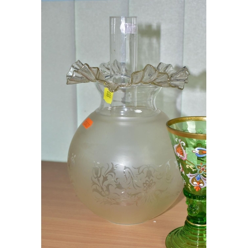 559 - A WHITE OPAQUE OIL LAMP, with clear chimney and etched glass shade, height 36cm to top of fitting, t... 