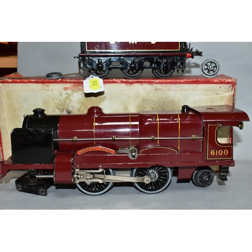 560 - A PART BOXED HORNBY RAILWAY 0 GAUGE ROYAL SCOT LOCOMOTIVE AND TENDER, No. 6100, L.M.S lined maroon l... 