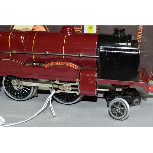 560 - A PART BOXED HORNBY RAILWAY 0 GAUGE ROYAL SCOT LOCOMOTIVE AND TENDER, No. 6100, L.M.S lined maroon l... 